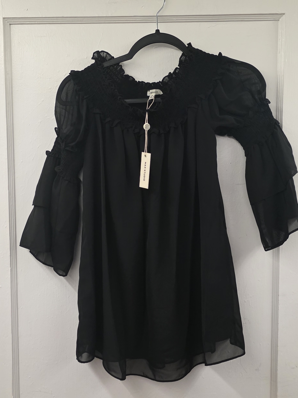 Max Studio Black Sheer Ruffle Blouse Smocked Neck Boho Top XS NWT